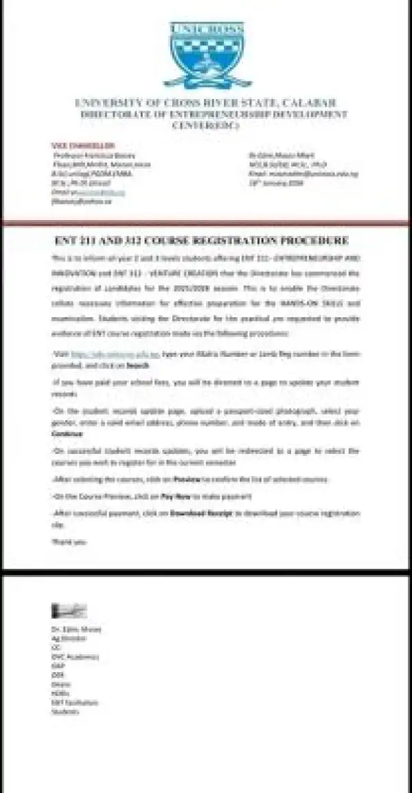 UNICROSS Directorate of Entrepreneurship Development Center (EDC) notice on course registration