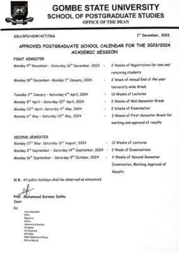 GOMSU academic calendar for School of Postgraduate Studies, 2023/2024