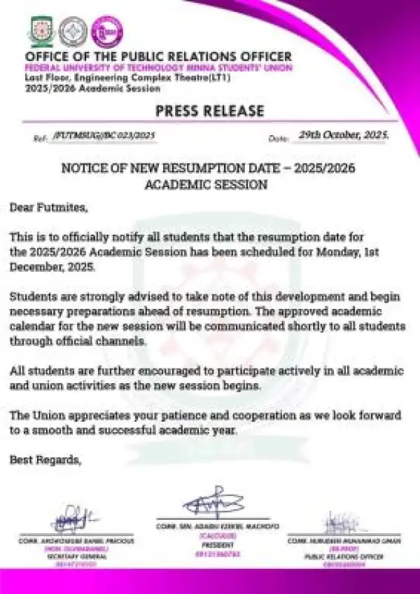 FUTMINNA SUG notice on resumption for 2025/2026 session