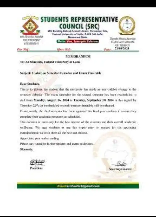 FULAFIA SRC update on semester calendar and exam timetable
