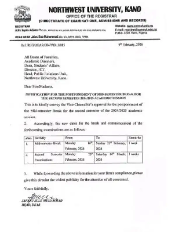 Northwest University, Kano postpones midsemester break for 2nd semester, 2024/2025