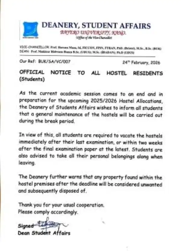 BUK notice to all hostels residents