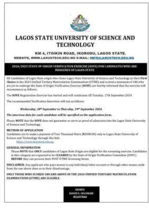 LASUSTECH notice to applicants yet to undergo indegenship verification, 2024/2025