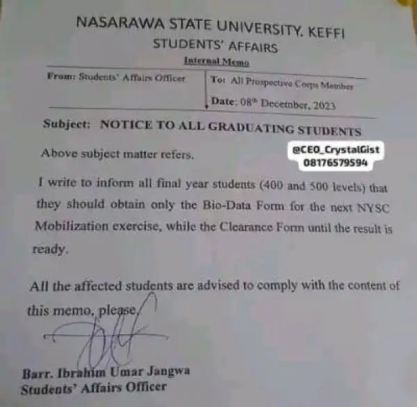 NSUK issues important notice to all graduating students