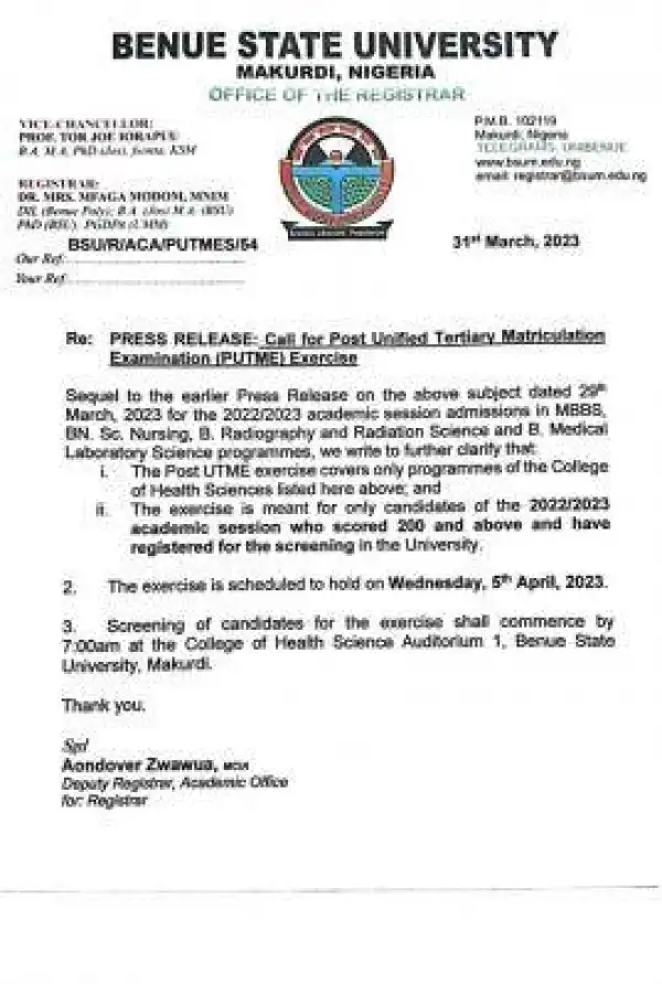 BSU update on screening exercise for medical related courses, 2022/2023