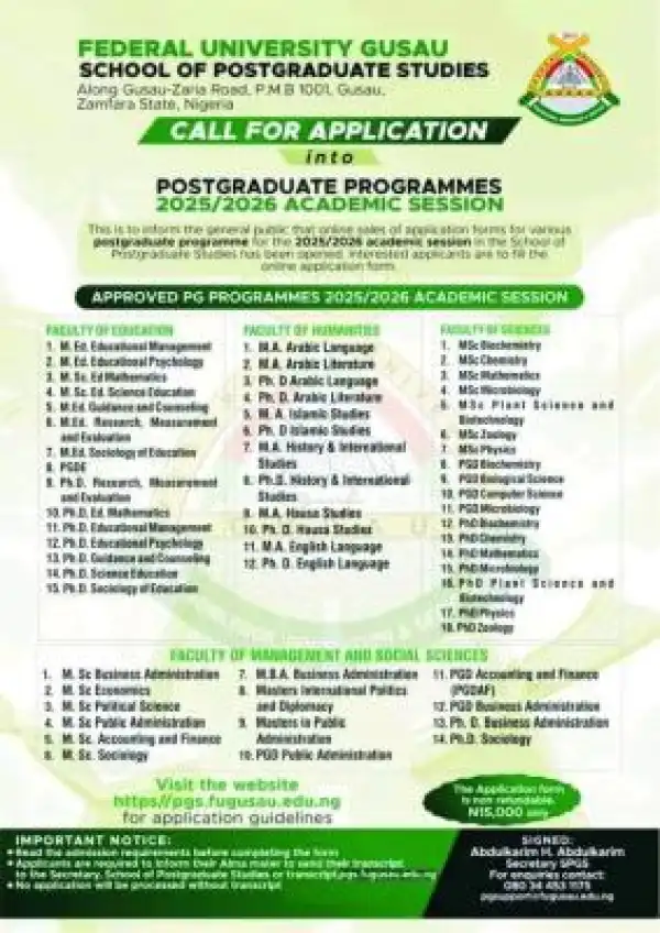 FUGUSAU Postgraduate admission for 2025/2026 session