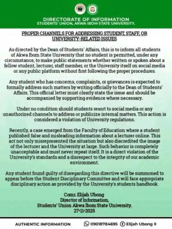 AKSU SUG notice to students on proper channels for addressing issues