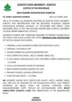 SSU announces registration exercise for newly admitted students, 2024/2025