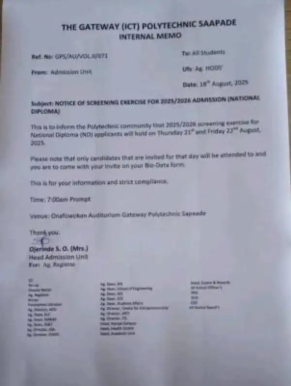 Gateway ICT Poly announces screening exercise for ND Candidates, 2025/2026