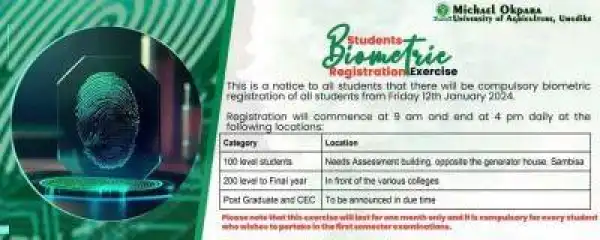 MOUAU announces students biometric registration exercise