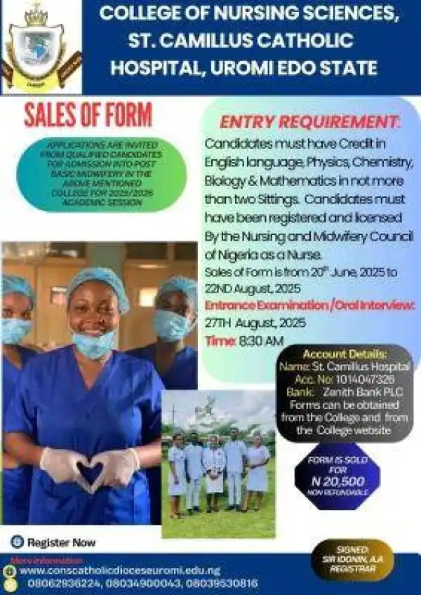 St. Camillus College of Nursing Sciences, Uromi Post Basic Nursing Admission, 2025/2026