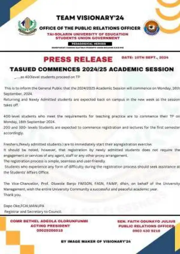 TASUED issues notice on commencement of 2024/2025 academic session
