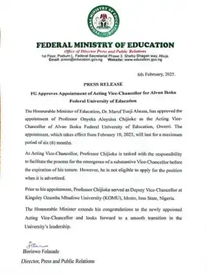 FG approves appointment of Acting Vice-Chancellor for Alvan Ikoku Federal University of Education