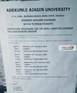 AAUA orientation programme for the newly admitted students, 2024/2025 academic session