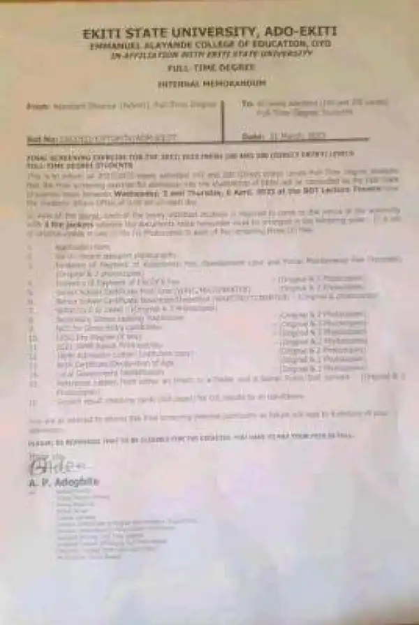 EACOED-EKSU final screening exercise for 2022/2023 students