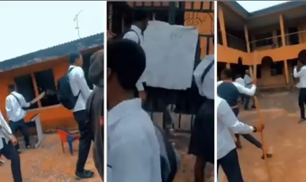 Drama As Students Destroy School Property After Principal Eloped With WAEC Money And Put Up The School For Sale (Video)