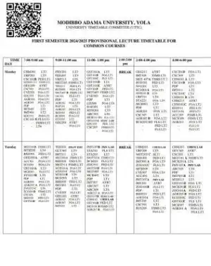 MAUTECH lecture time-table for 1st semester, 2024/2025