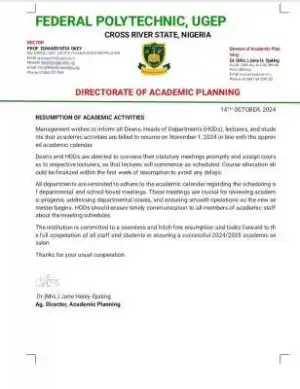 Federal Polytechnic, Ugep notice of resumption of academic activities, 2024/2025