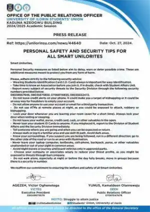 UNILORIN SUG notice to students on personal safety and security tips