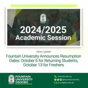 Fountain University notice of resumption of academic activities, 2024/2025