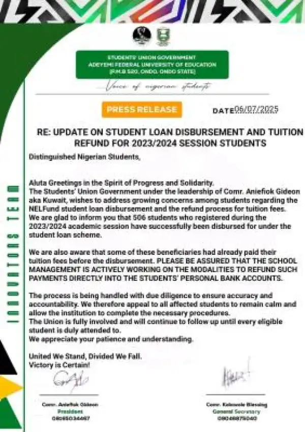 AFUED SUG issues important notice to students who applied for NELFUND