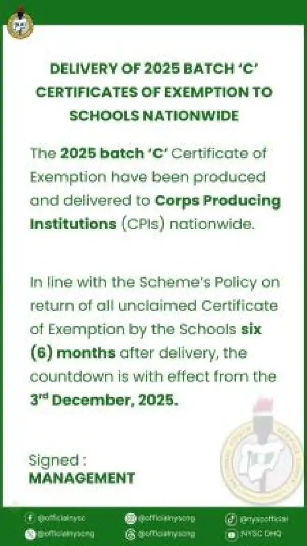 NYSC announces delivery of 2025 Batch ‘C’ Certificates of exemption to schools