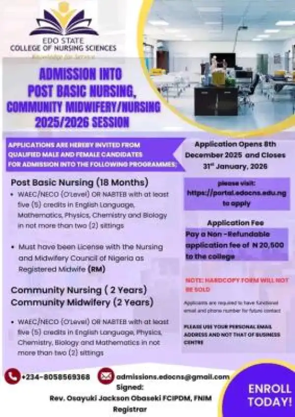 Edo State College of Nursing Post-Basic, Community Midwifery/Nursing admission, 2025/2026