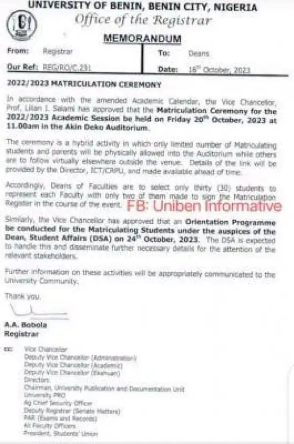 UNIBEN announces matriculation ceremony, 2022/2023