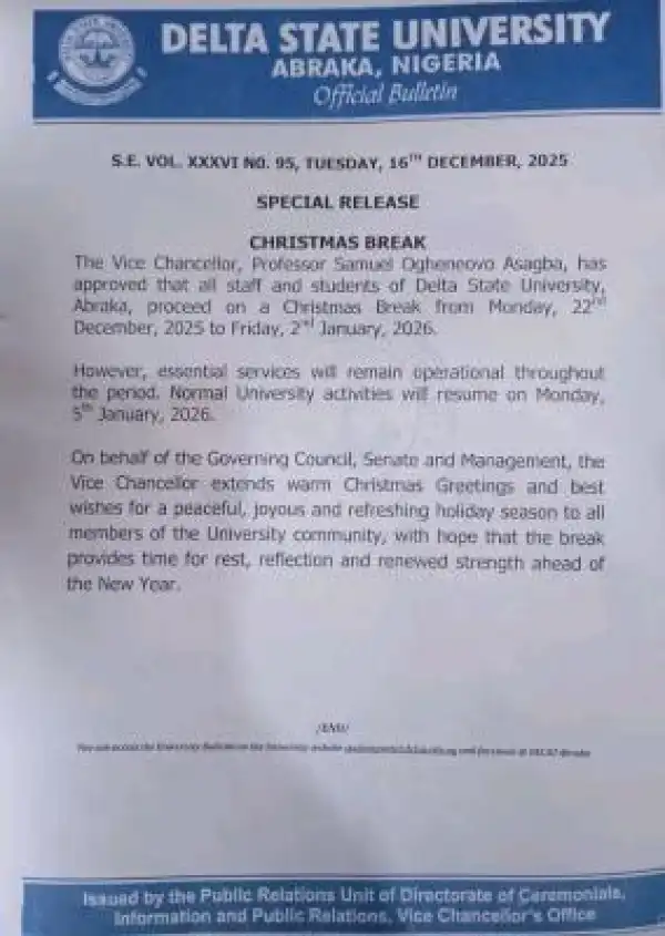 DELSU announces Christmas break for staff and students