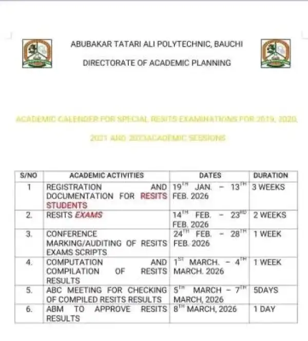 Abubakar Tatari Ali Polytechnic notice on Special resit exam