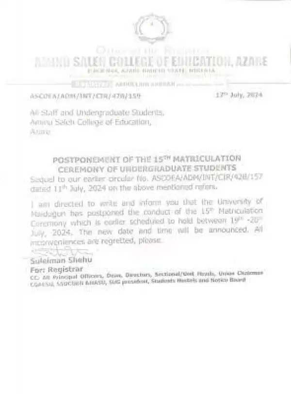 Aminu Saleh COE postpones 15th undergraduate Matriculation ceremony