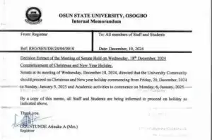 UNIOSUN notice of Christmas and New Year break