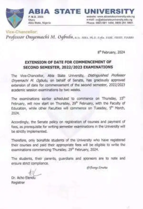 ABSU notice on extension of date for commencement of 2nd semester exam, 2022/2023