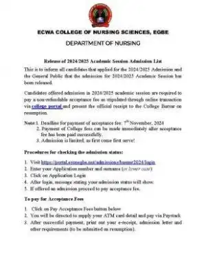 ECWA College of Nursing Sciences releases admission lists, 2024/2025