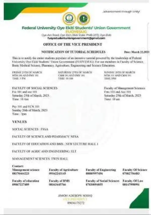 FUOYE SUG notice on schedule for tutorials