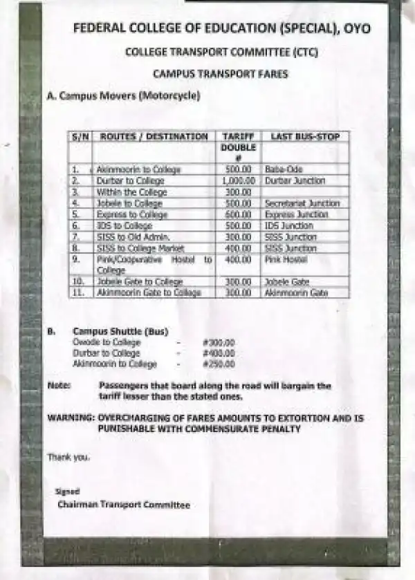 FCE Oyo College Transport Committee (CTC) releases updated Campus Transport Fares