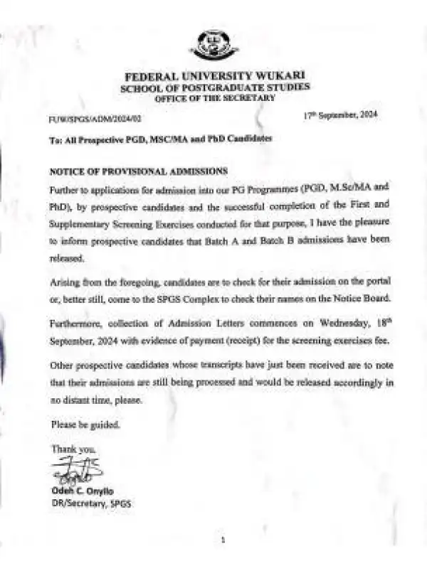 FUWUKARI provisional admission list for School of Postgraduate Studies, 2024/2025