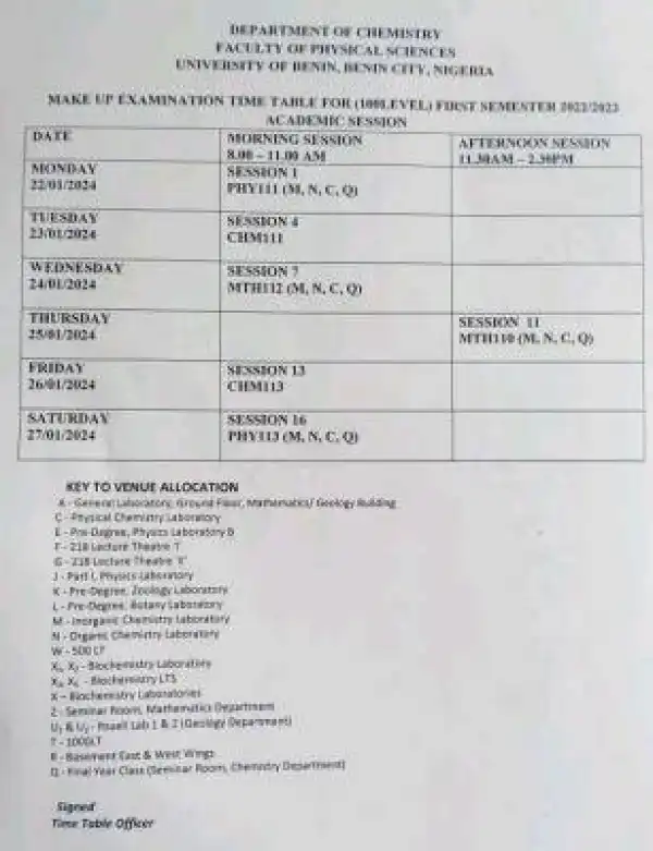 UNIBEN Dept. of Chemistry make up exam timetable for 100L 1st semester, 2022/2023