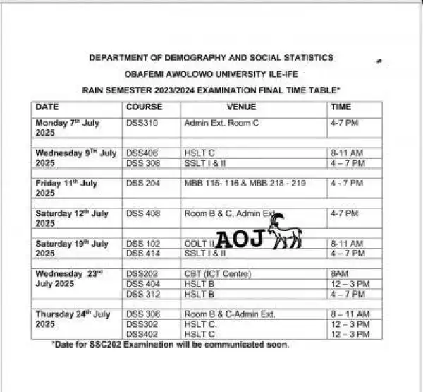 OAU releases rain semester final exam, timetable, 2023/2024