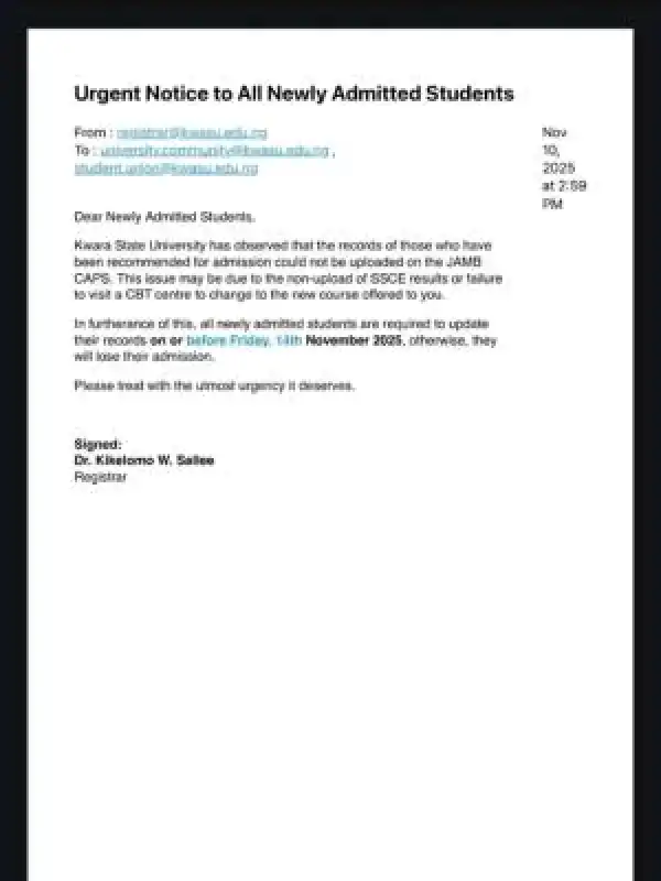 KWASU issues urgent notice to newly admitted students, 2025/2026