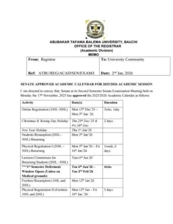 ATBU approved academic calendar for 2025/2026 session