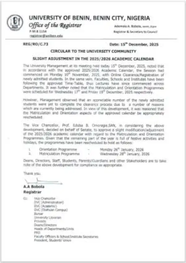 UNIBEN reschedules orientation and matriculation ceremony, 2025/2026