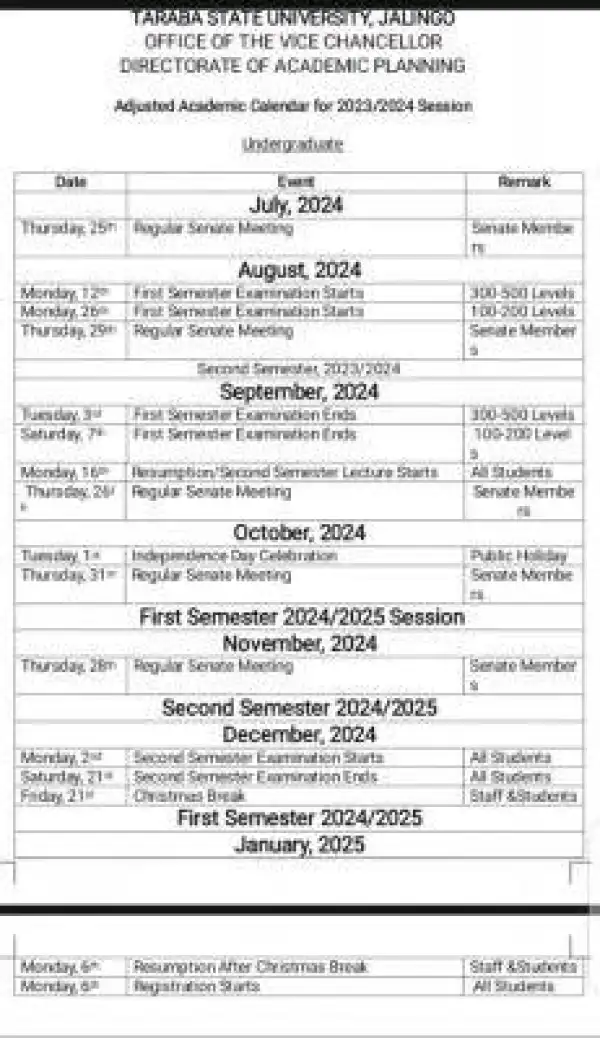 TASU adjusted academic calendar, 2023/2024