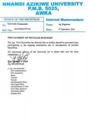 UNIZIK notice to students on payment of fees/dues