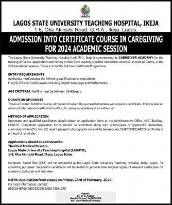 LASUTH admission into certificate course in caregiving, 2023/2024