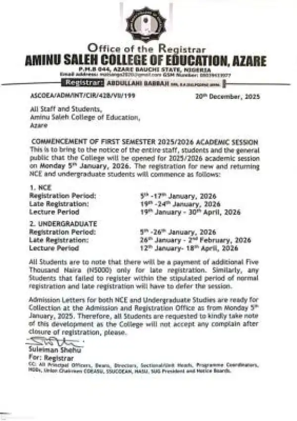 Aminu Saleh College of Education announces commencement of 2025/2026 session