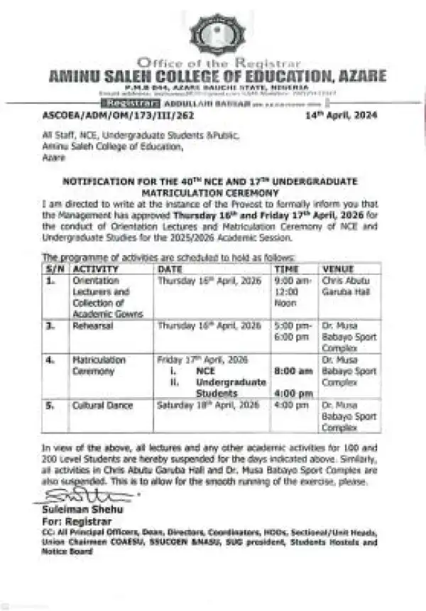 Aminu Saleh College of Education fixes dates for Matriculation Ceremony, 2025/2026