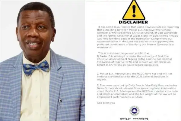 Adeboye Will Not Endorse Candidate For 2023 Elections — RCCG