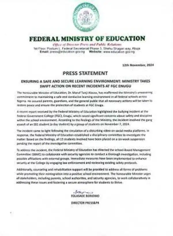 FG responds to the issue of bullying at FGC Enugu