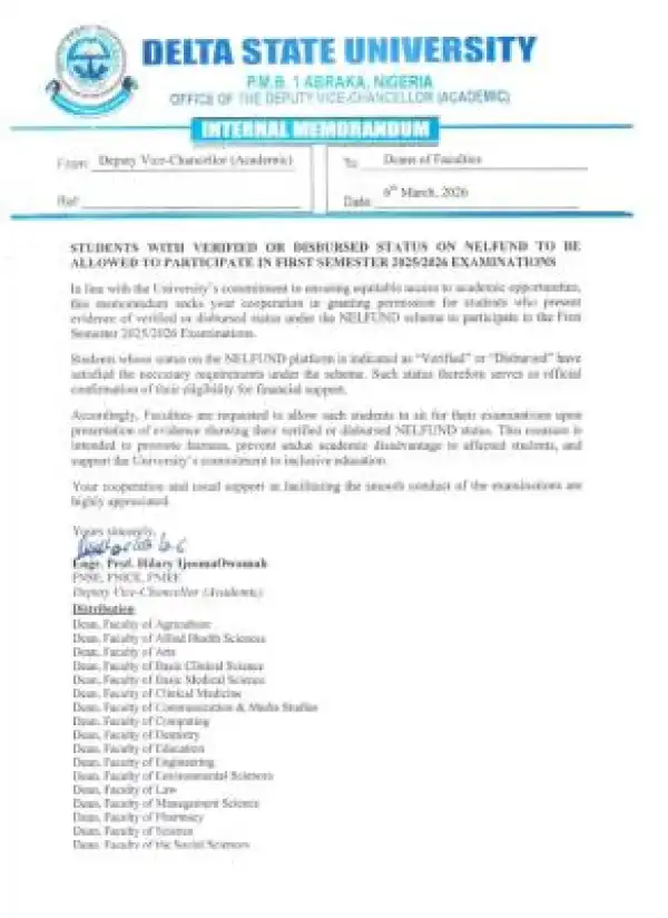 DELSU update to NELFUND beneficiaries regarding participation in 1st semester exams, 2025/2026